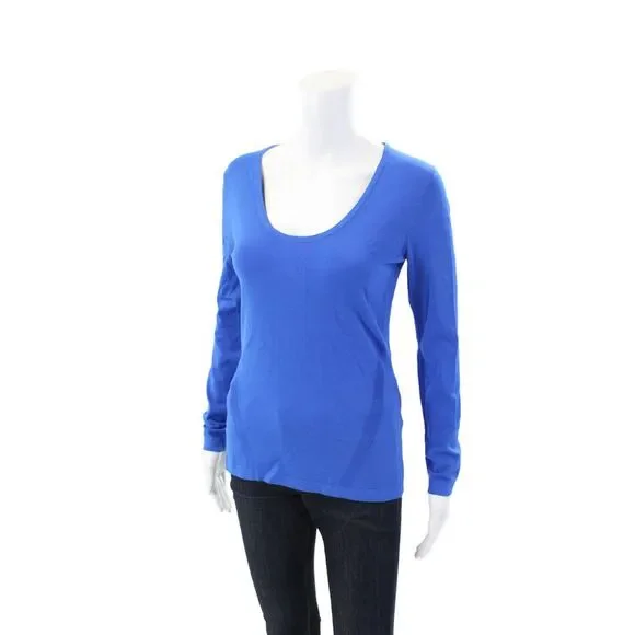 Diane Von Furstenberg Womens Ribbed Back Scoop Neck Long Sleeve Top Blue Small - Picture 2 of 5